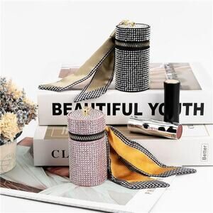 2 Pack Lipstick Case Keychain Leather Diamond Lip Gloss Holder Black & Pink